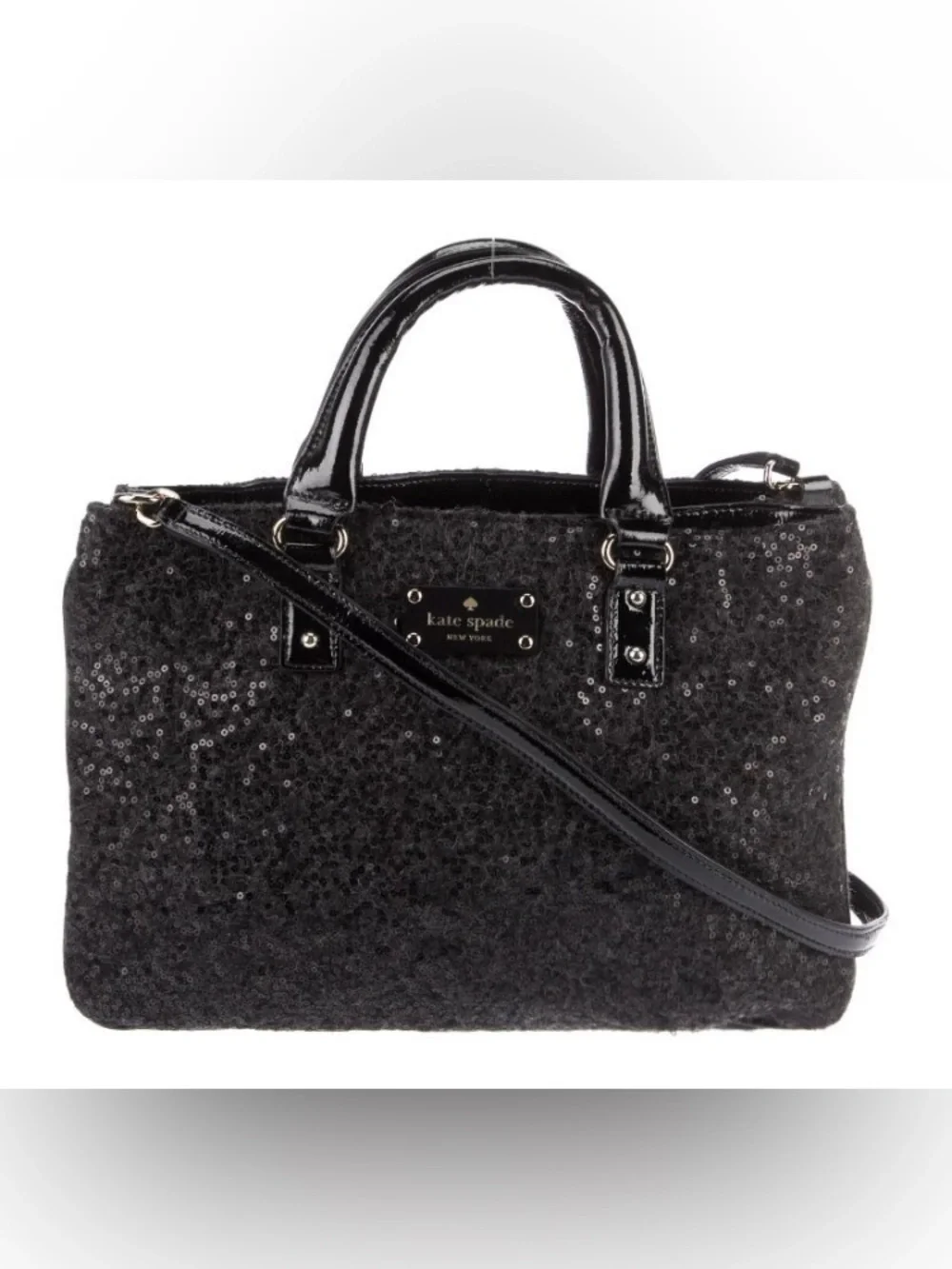 Kate Spade ♠️ - EUC - Brette Black Felt Flurry Sequin Patent-Trim Satchel Bag